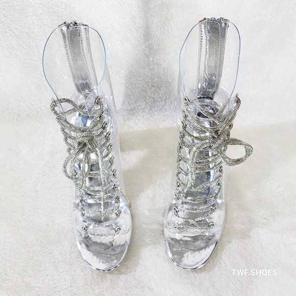 See Me Silver Rhinestone Laces Heels Clear Upper Open Toe Ankle Boots NEW - Picture 12 of 14